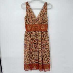 Women's Maggy London Tan Rust Green Sleeveless Floral Silk V-Neck Dress 4